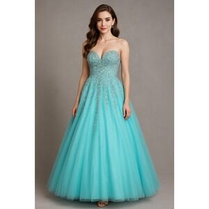 Dancing Queen Maxi Dress Womens XL Blue Embellished Ball Gown Tulle Prom Elegant